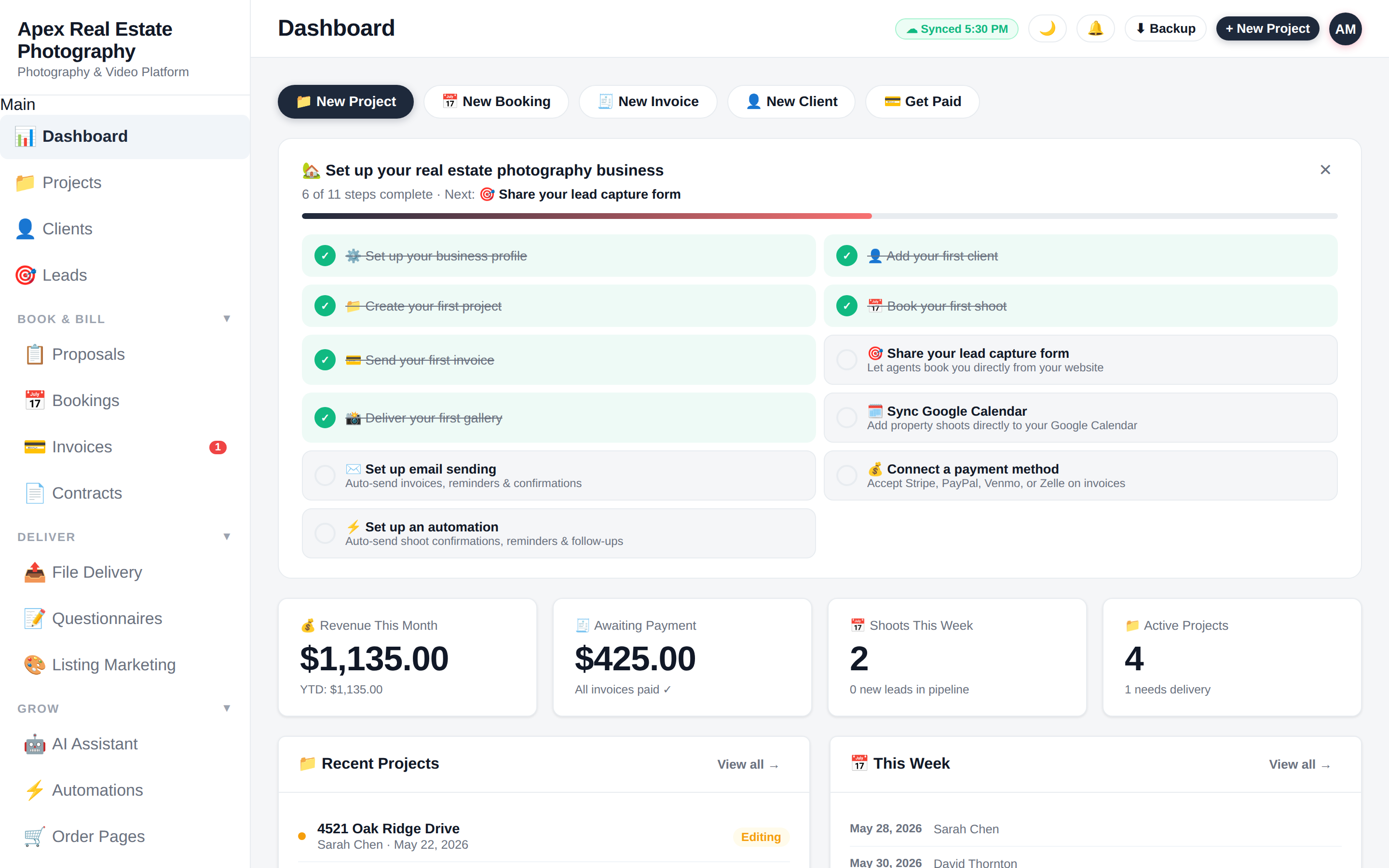 ApertureOps dashboard showing revenue, awaiting payment, recent projects and weekly schedule