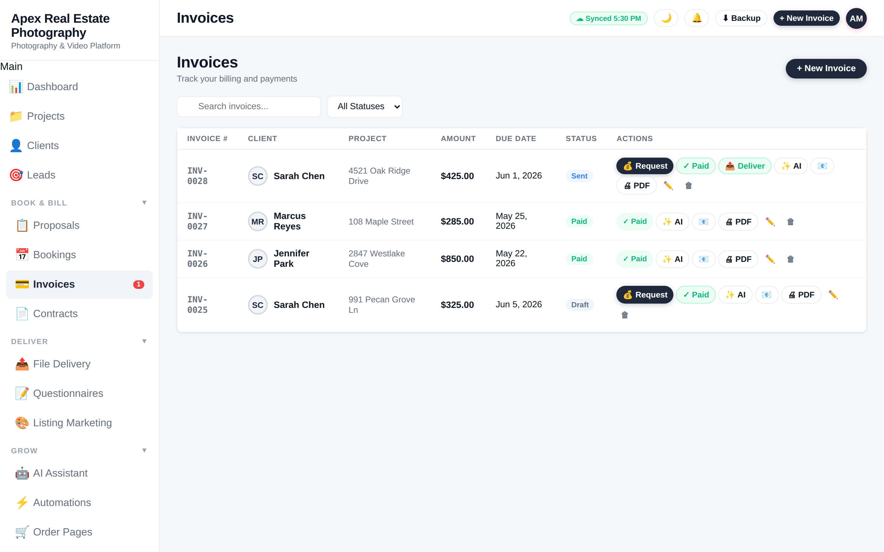 ApertureOps invoices list showing sent, paid and draft invoices