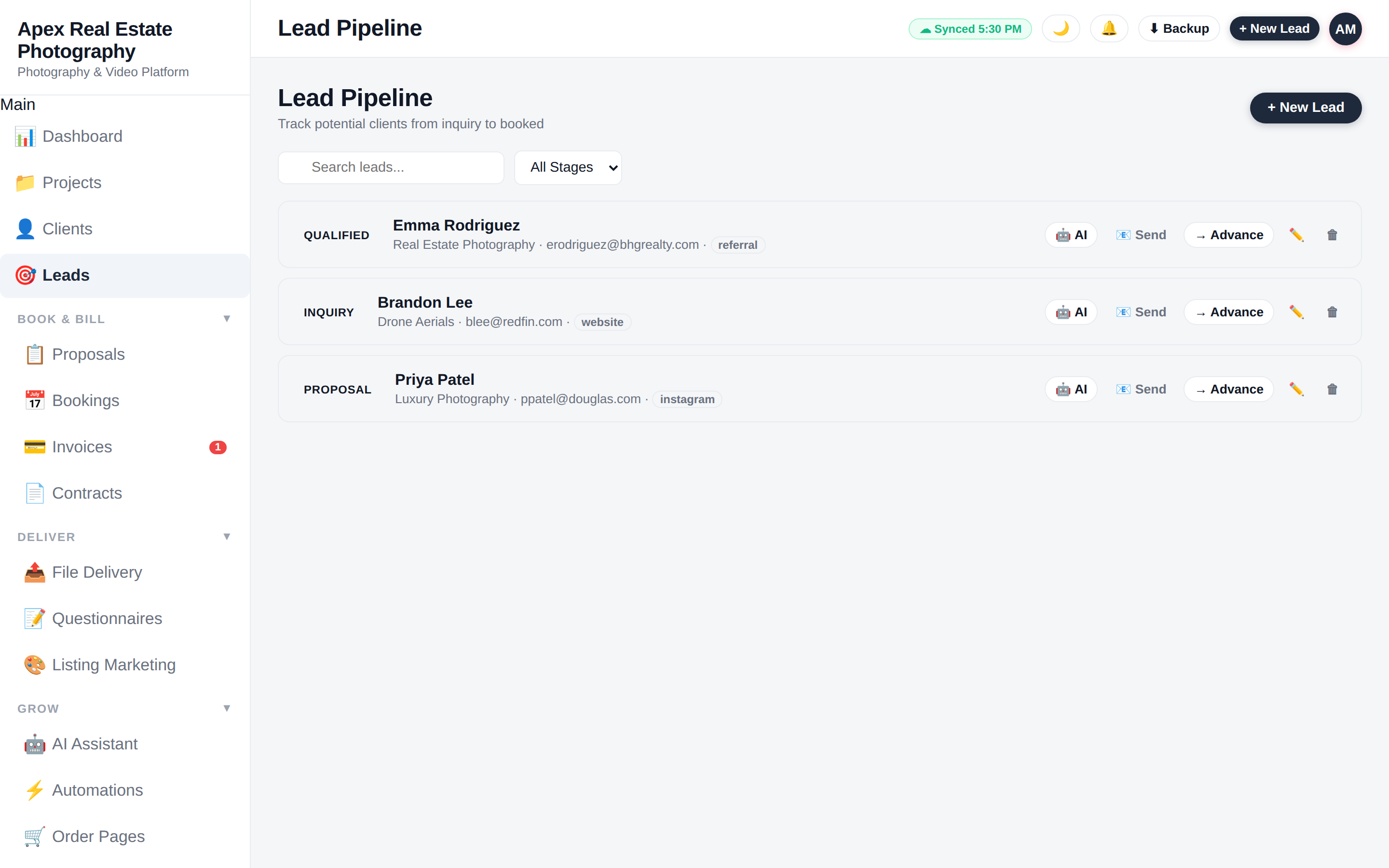 ApertureOps lead pipeline showing inquiries, qualified leads and proposals