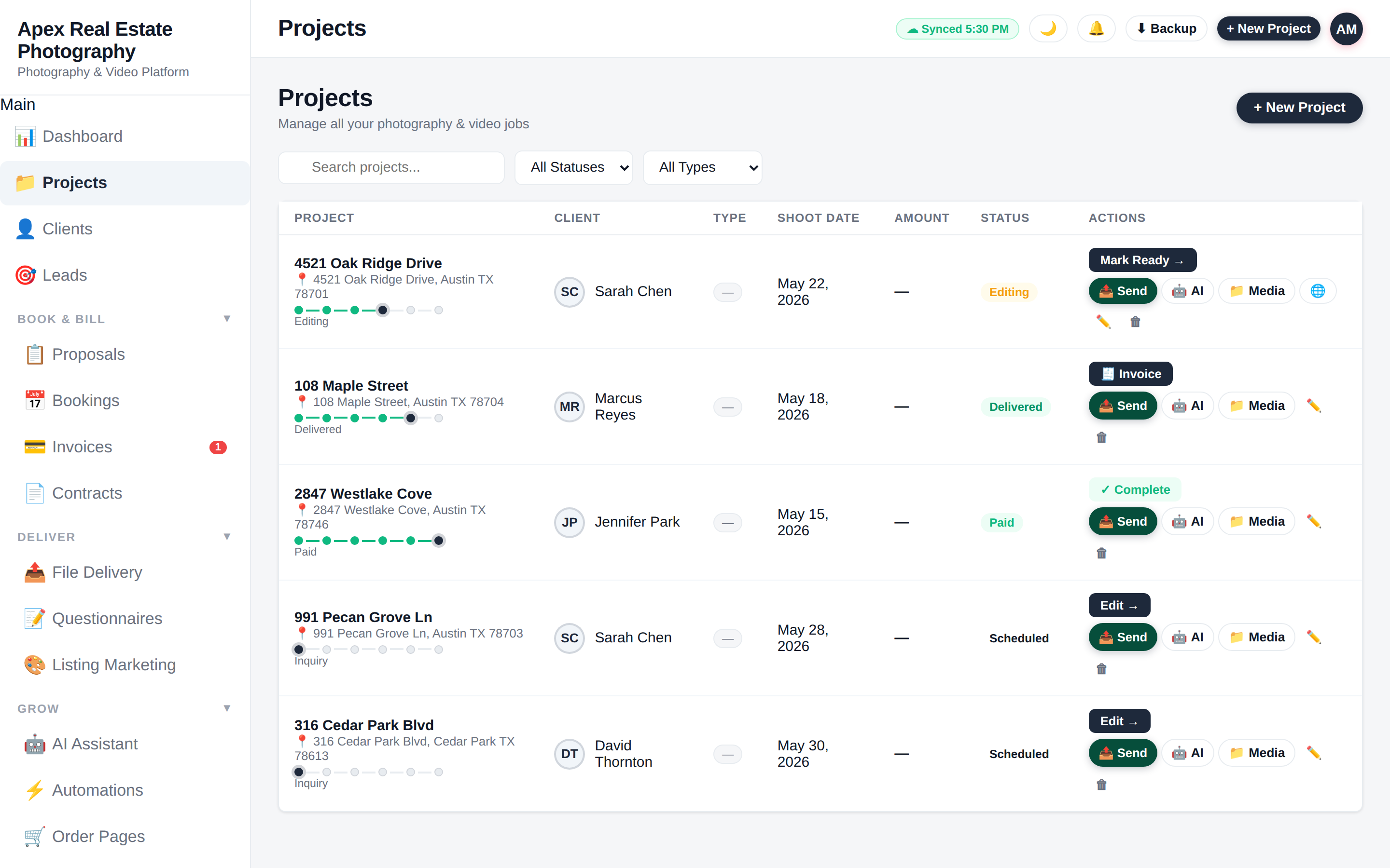 ApertureOps projects list showing real estate addresses, shoot dates and statuses