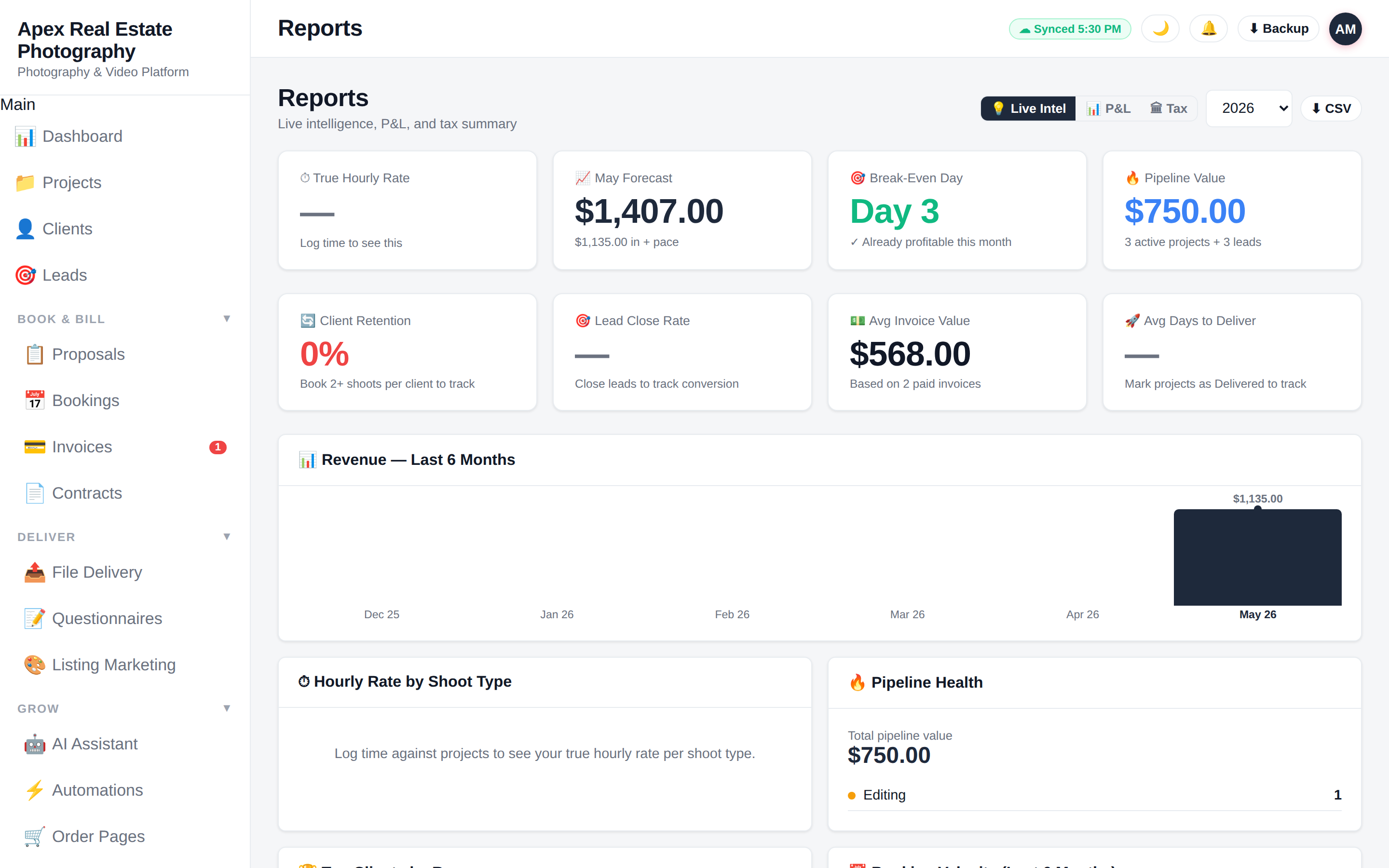 ApertureOps reports showing revenue, forecast, pipeline value and break-even day